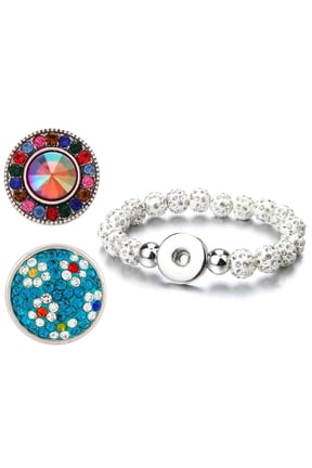 Snap Jewelry White Bead Bracelet with Two 18MM Ginger Charms and Sparkling Rhinestones, 6.5 Inch