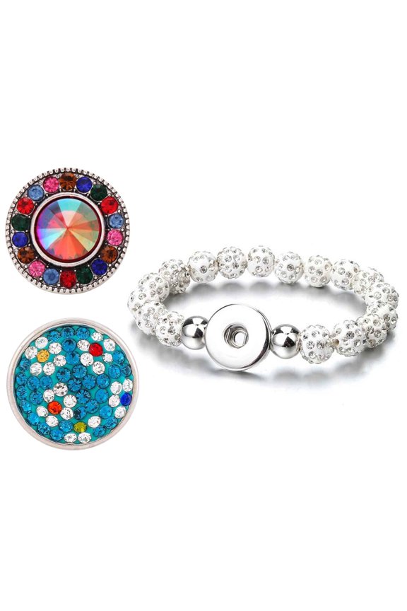 Snap Jewelry Set - 2 Colorful Snap Charms, 1 White 6.5 in. Stretch Bracelet Bundle, Fits 18MM 20MM Ginger Charm Buttons