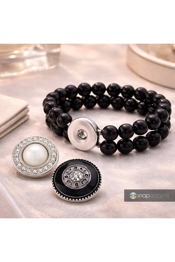 Snap Jewelry Set - 2 Snap Charms, 1 Black 6.5 in. Bracelet Bundle, Fits 18MM 20MM Ginger Charm Buttons