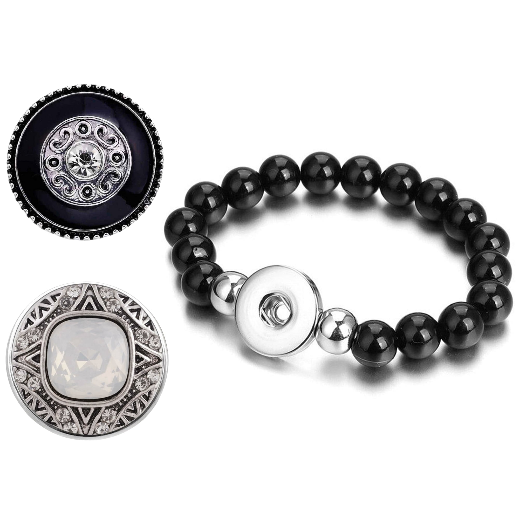 Snap Jewelry Set - 2 Snap Charms, 1 Black 6.5 in. Bracelet Bundle, Fits 18MM 20MM Ginger Charm Buttons