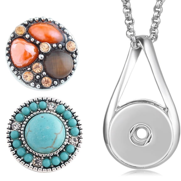 Snap Jewelry Silver Teardrop Pendant Necklace with Two 18MM Interchangeable Ginger Charms, 20 Inch Chain