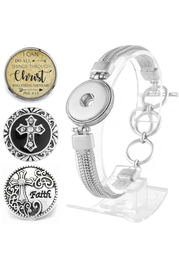 Snap Jewelry Set - 3 Faith Snap Charms, 1 Silver 9 in. Bracelet Bundle, Fits 18MM 20MM Ginger Charm Buttons