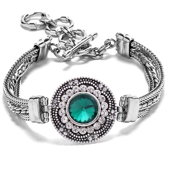 Snap Jewelry Silver Toggle Bracelet with Emerald Green 18MM Ginger Charm, 9-Inch Length