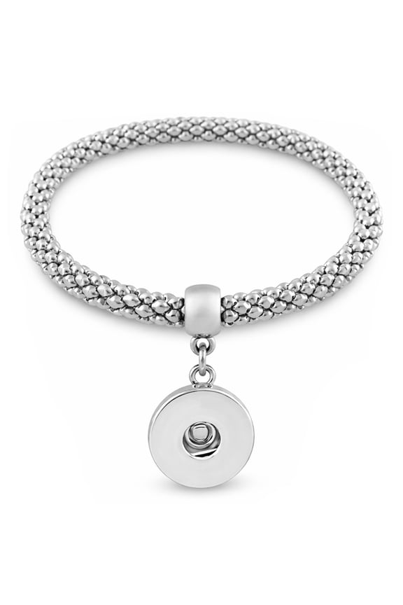 Snap Jewelry Stretch Bangle Bracelet with Silver Beaded Design and 18MM Snap Holder, 6.5 Inch Adjustable