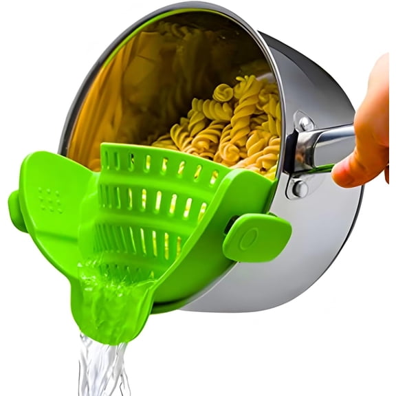 Snap N' Strain Clip On Strainer Pots Pans - Collapsible Silicone Pasta Strainer Kitchen Gadget Cooking - Easy Use, Heat Resistant Space Saving Colander - Green