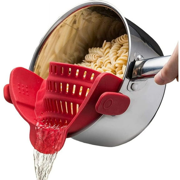 Snap N Strain Silicone Pot Strainer - Adjustable Clip-On Pasta Strainer for Pots, Pans, and Bowls - Large Red Kitchen Colander