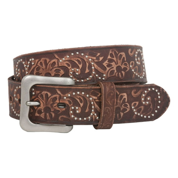 Snap On 1 1/2" Soft Hand Vintage Cowhide Full Grain Leather Floral Embossed Rivet Studded Casual Belt