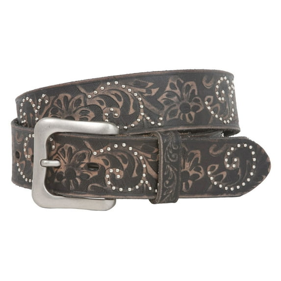 Snap On 1 1/2" Soft Hand Vintage Cowhide Full Grain Leather Floral Embossed Rivet Studded Casual Belt