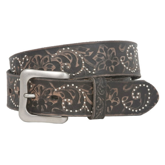 Snap On 1 1/2" Soft Hand Vintage Cowhide Full Grain Leather Floral Embossed Rivet Studded Casual Belt