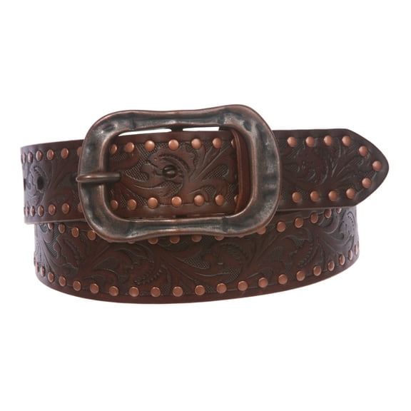 Snap On 1 1/2" Soft Hand Vintage Cowhide Leather Floral Embossed Rivet Studded Casual Belt