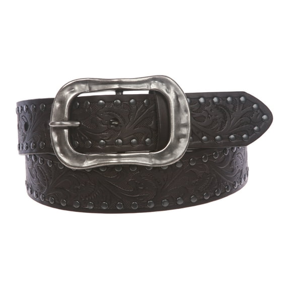 Snap On 1 1/2" Soft Hand Vintage Cowhide Leather Floral Embossed Rivet Studded Casual Belt