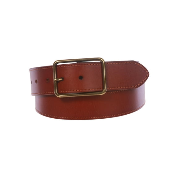 Snap On Cowhide Full Grain Stitching-Edged Leather Belt with Rectangular Buckle