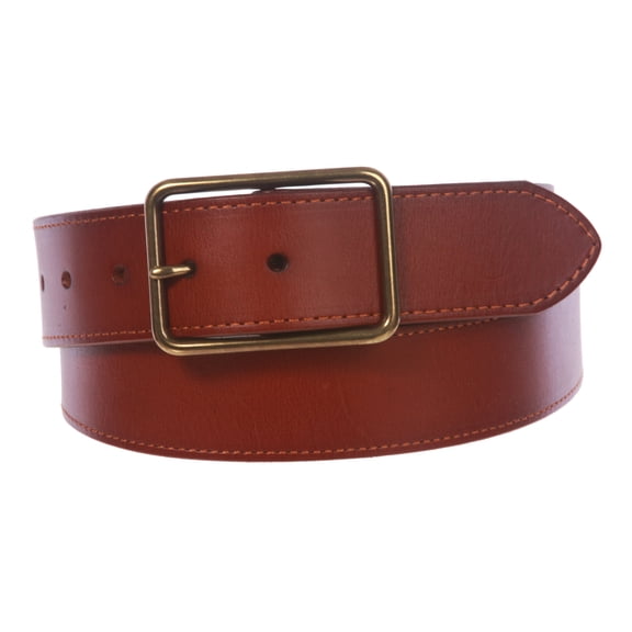 Snap On Cowhide Full Grain Stitching-Edged Leather Belt with Rectangular Buckle