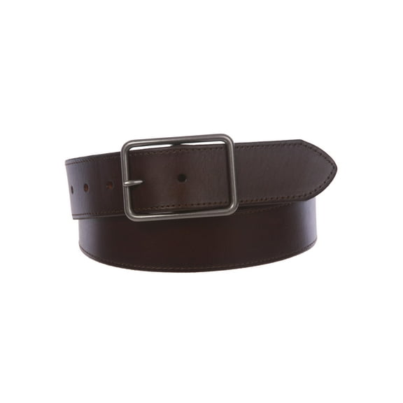 Snap On Cowhide Full Grain Stitching-Edged Leather Belt with Rectangular Buckle