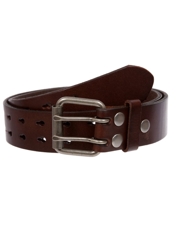 Snap On Double Prong Two Row Cut-out Holes Perforated Full Grain Leather Jean Belt