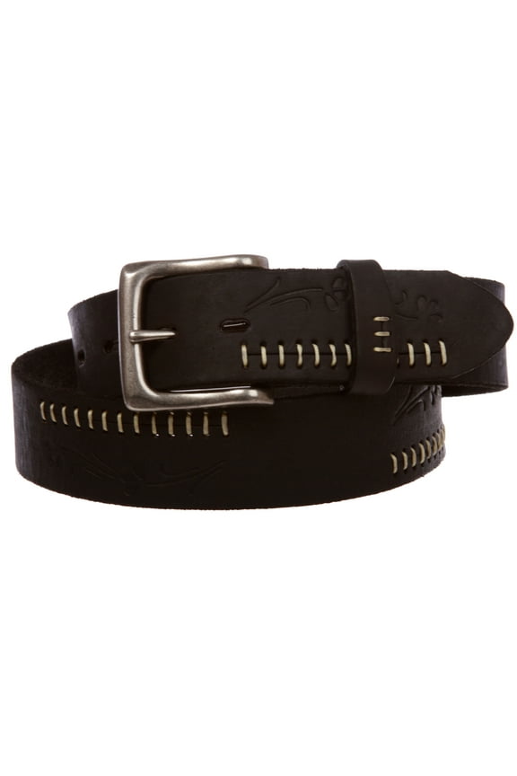 Snap On Floral Embossed Stitching Full Grain Leather Belt