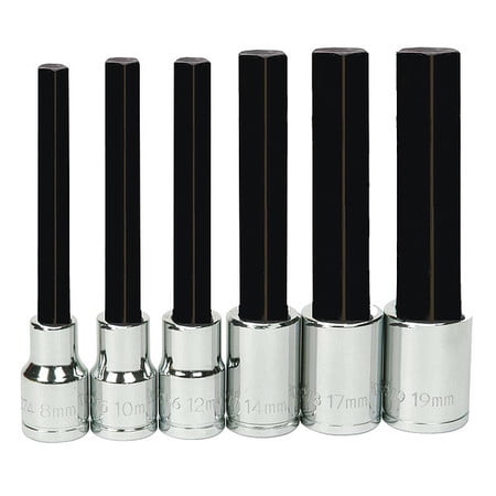 1/2" Drive Metric Long Hex Bit Socket Set, 6pcs On Clip Rail - 8mm, 10mm, 12mm, 14mm, 17mm & 19mm Hex Bit Sockets, 5-1/2" Overall Length. Chrome Finish. Not Suitable For Impact. Williams # JHW32953