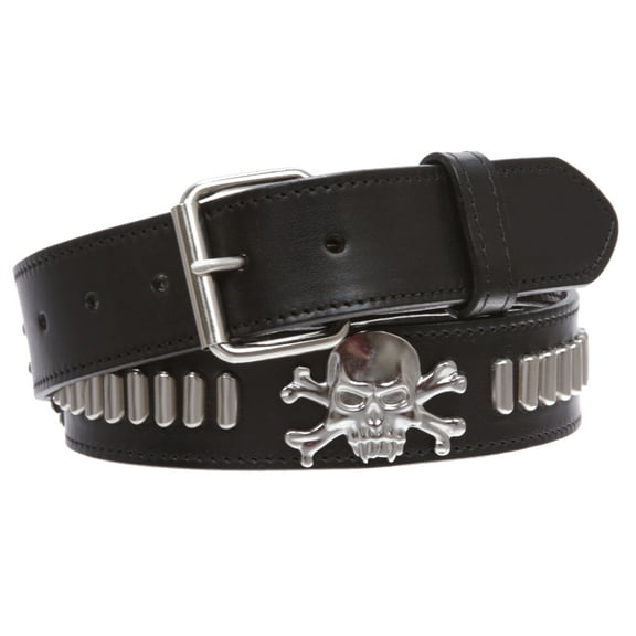 Snap On Pirates Skull Cross Bones and Silver Studded Stitching-Edged Leather Belt