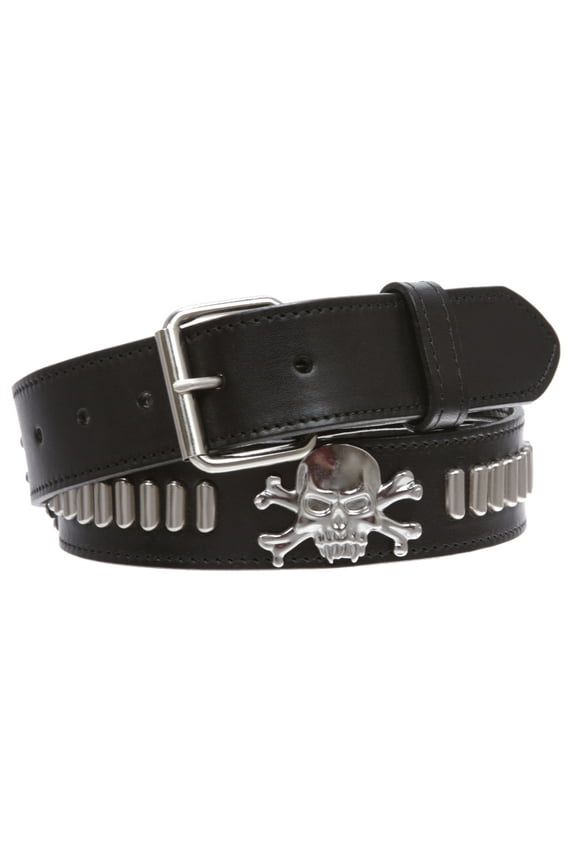Snap On Pirates Skull Cross Bones and Silver Studded Stitching-Edged Leather Belt