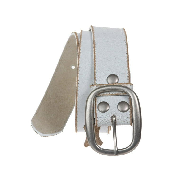 Beltiscool Snap On Plain Crack Print Stitching Edged Genuine Vintage Retro Leather Belt Adult Unisex Size Medium 34 White