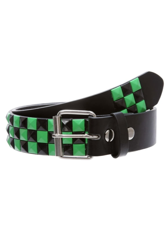 Snap On Punk Rock Black & Green Star Studded Checker Board Leather Belt