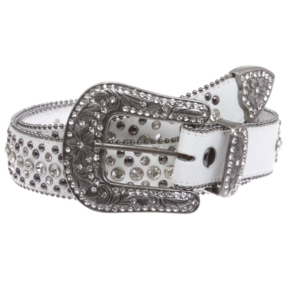 Snap On Rhinestone and Gun Metal Color Circle Studded Leather Belt