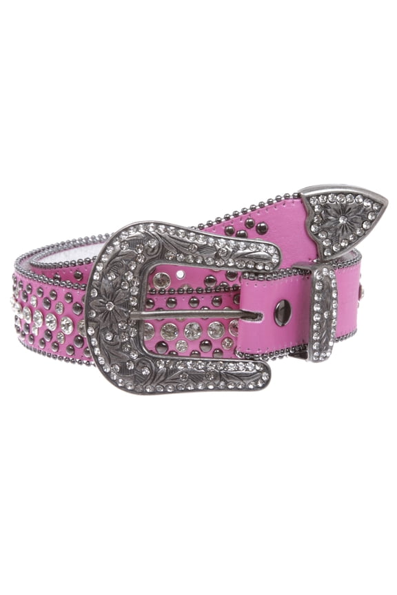 Snap On Rhinestone and Gun Metal Color Circle Studded Leather Belt