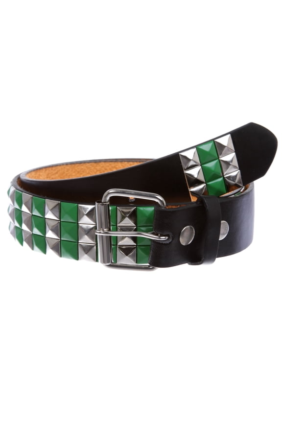 Snap On Silver/Green Punk Rock Star Pyramid Studded Checker Board Leather Belt