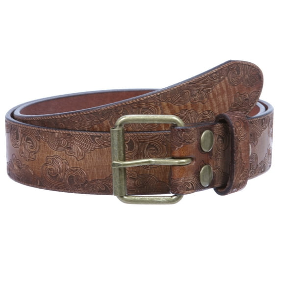 Snap On Soft Hand Floral Embossed Vintage Cowhide Full Grain Leather Casual Jean Belt