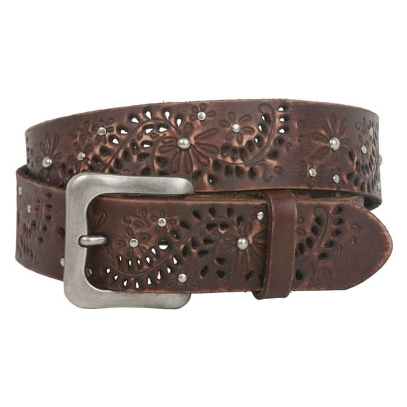 Snap On Vintage Cowhide Full Grain Leather Floral Rivet Perforated Casual Belt