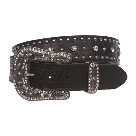 Snap On Western Faux Crocodile Embossed Cross Rhinestone Studded Leather Belt