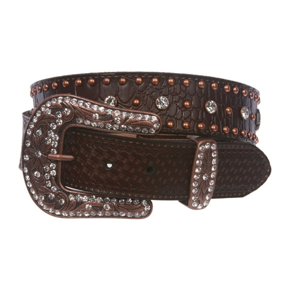 Snap On Western Faux Crocodile Embossed Cross Rhinestone Studded Leather Belt