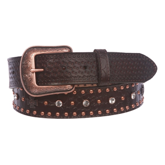 Snap On Western Faux Crocodile Print Embossed Cross Rhinestone Studded Leather Belt