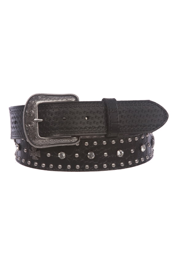 Snap On Western Faux Crocodile Print Embossed Cross Rhinestone Studded Leather Belt