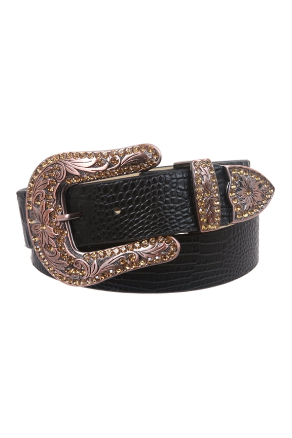 Snap On Western Faux Crocodile Print Rhinestone Leather Belt