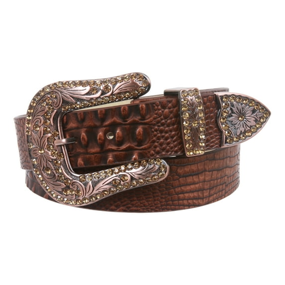 Snap On Western Faux Crocodile Print Rhinestone Leather Belt