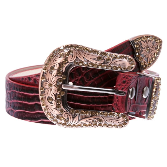Snap On Western Faux Crocodile Print Rhinestone Leather Belt