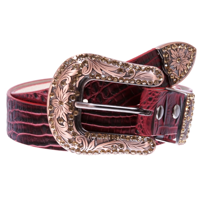 Snap On Western Faux Crocodile Print Rhinestone Leather Belt  display picture 3