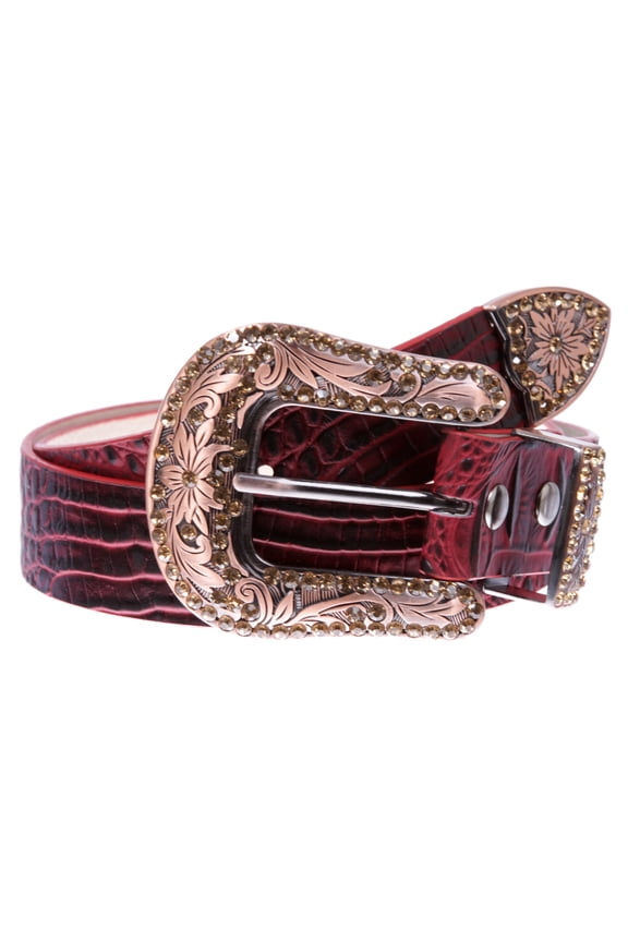 Snap On Western Faux Crocodile Print Rhinestone Leather Belt