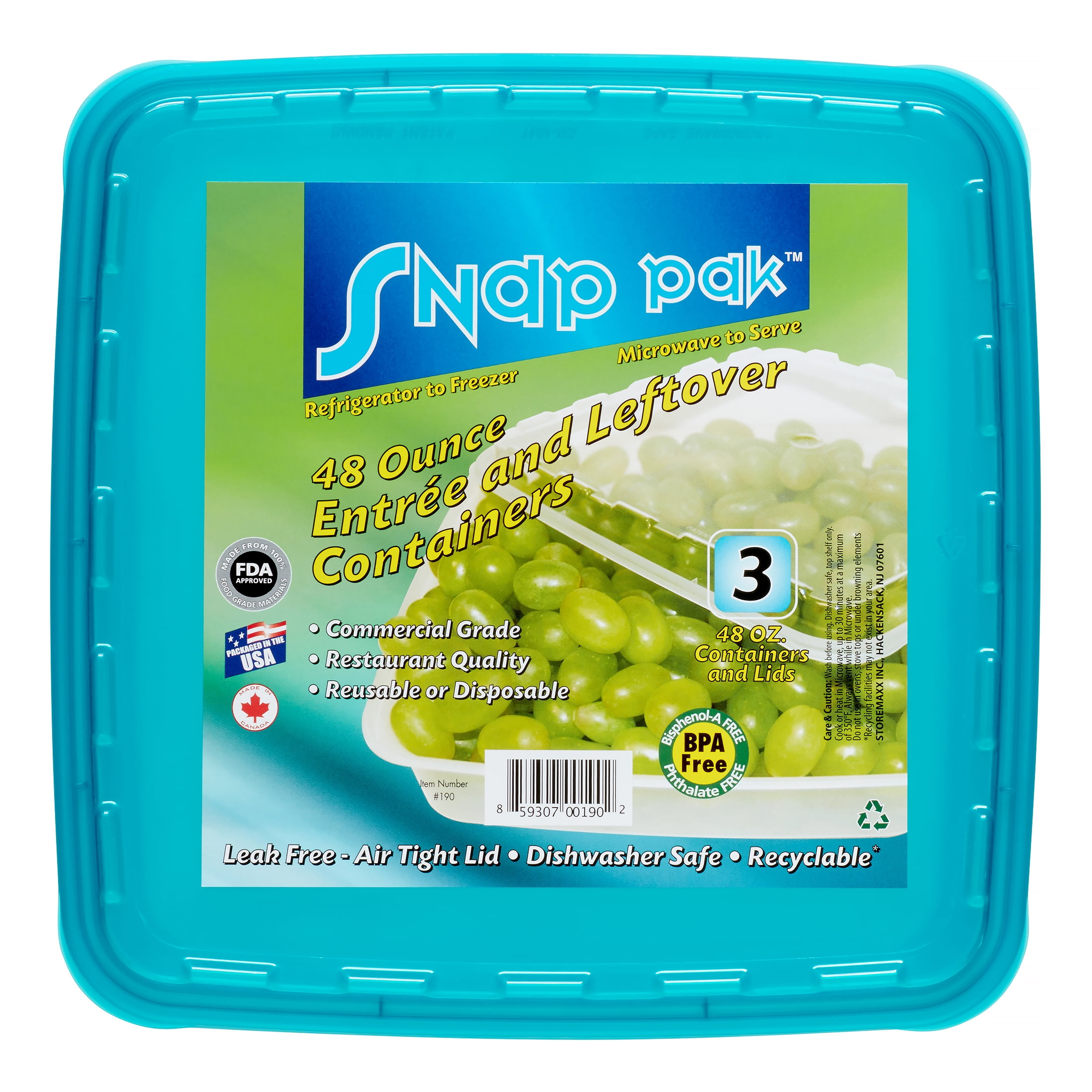 Snap Pak Food Storage Containers, Rectangular, 48 Oz, 3 Ct