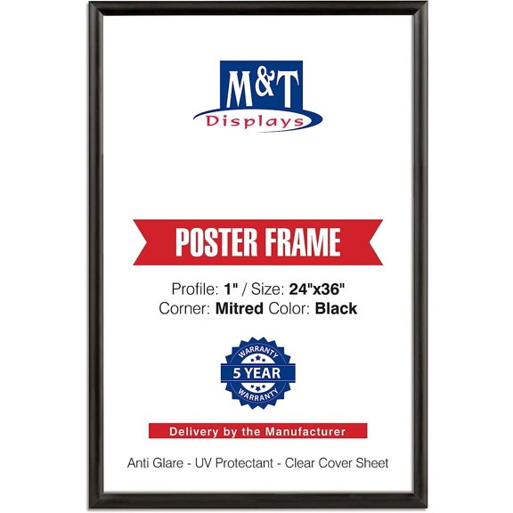 Snap Poster Frame 24x36 Inch Black 1" Aluminum Profile, Front Loading Wall Mounting Display for Photo Picture Document Certificate Mitered Corner Anti Glare Cover