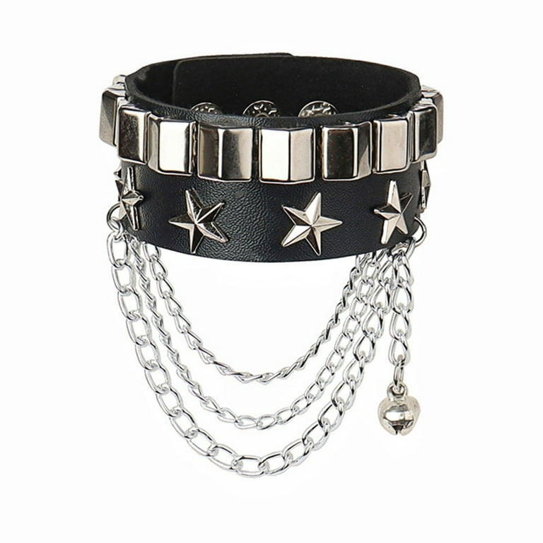 Snap Punk Rock Wrap PU Leather Bracelet Men Vintage Star Spikes