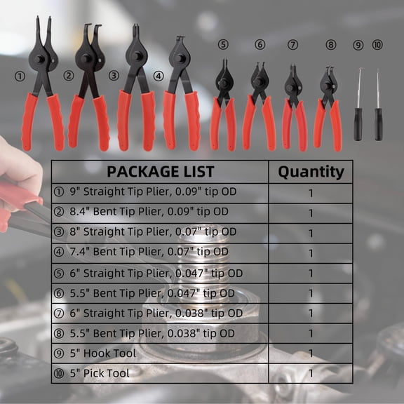 Snap Ring Pliers Set 10-Piece Internal External Circlip Kit Carbon Steel