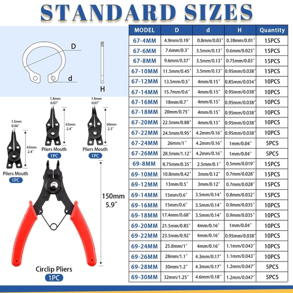 Snap Ring Pliers with 4 Jaws and 260Pcs Circlip Kit for Axles and Shafts