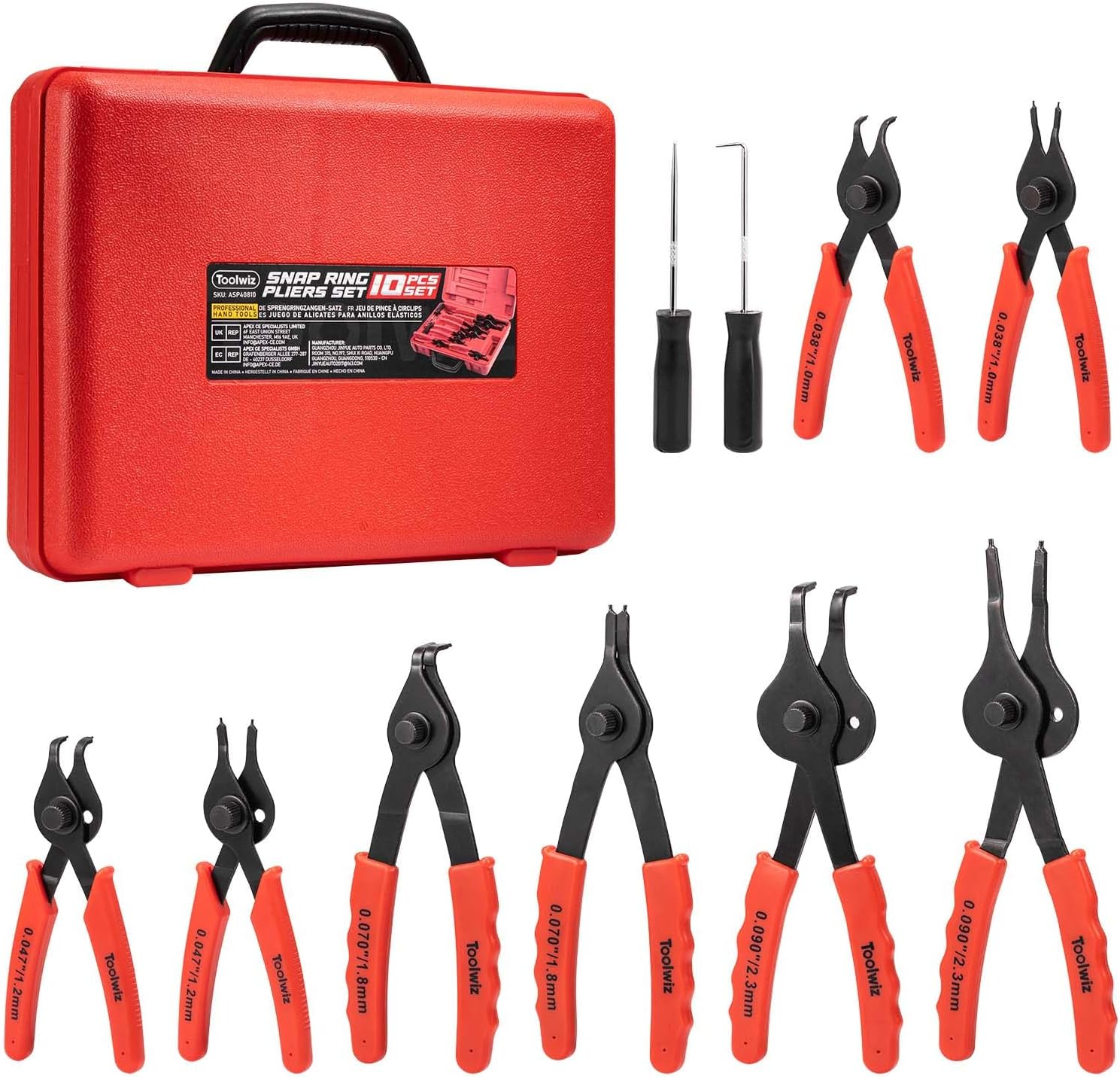 Snap Ring Set, 10 Pcs Internal & External Retaining Ring Circlip C Clip , Heavy Duty Bent Straight Automotive Tools, Include Hook, Pick, and Storage Case