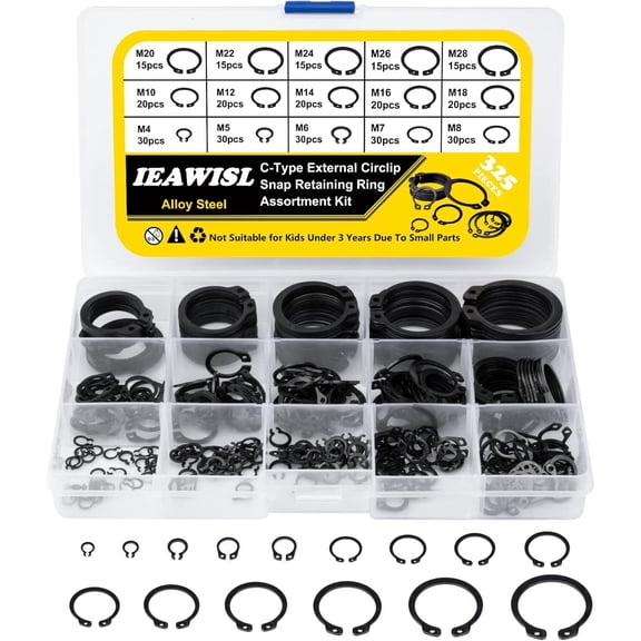 Snap Ring Set, 325Pcs Alloy Steel External Retaining Ring 15 Sizes C-Clips, Circ