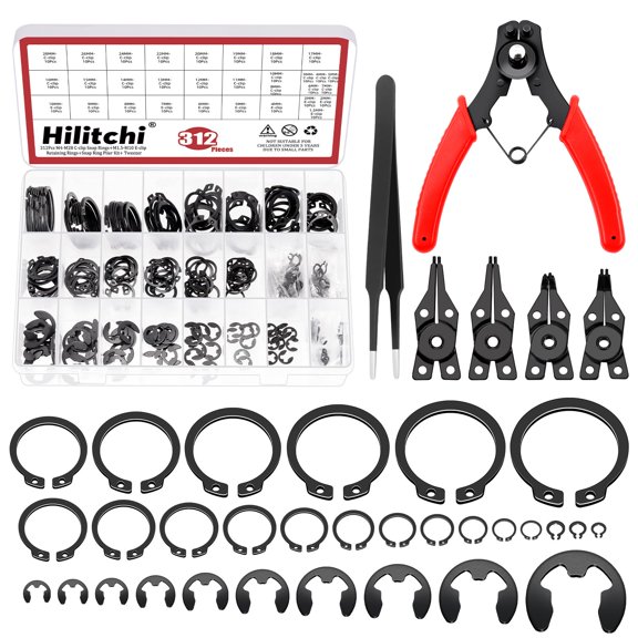 Snap Rings Assortment Kit with Plier Set and Tweezer 312Pcs Manganese Steel C-Clip E-Clip 1.5mm-28mm