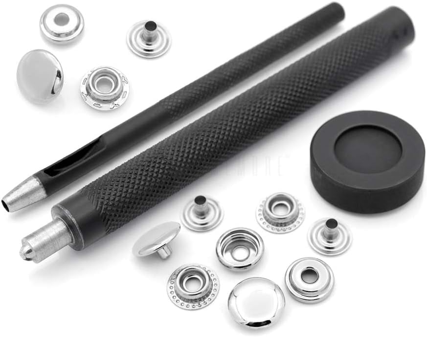 Snap Setter Fastener Kit Button Fixing Tool Ring-Socket Popper Setting Tool with 10 Silver Snaps #201 VT47 (15mm (0.59"))