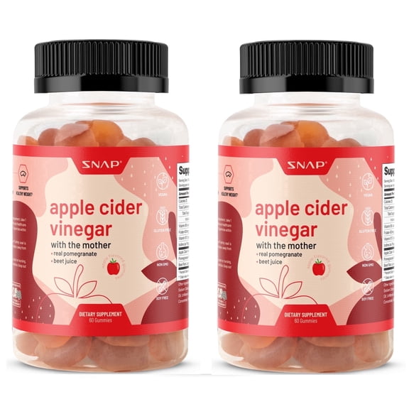 Snap Supplements ACV Apple Cider Vinegar Gummies - Detox, Weight, Immunity, 60 Gummies (2-Pack)