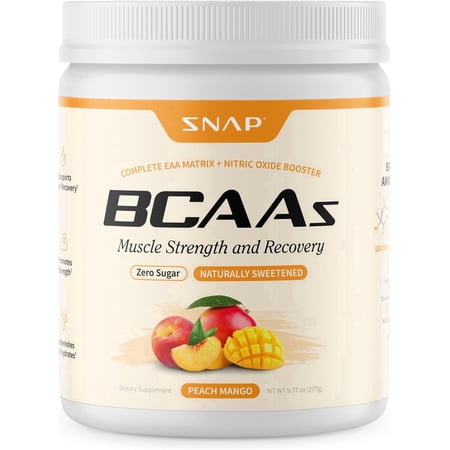 Snap Supplements BCAA Powder with Electrolytes, Peach Mango, 30 Servings, Dietary Supplement Drink Mix for Adults, Easy-to-Mix Daily Powder Formula, Designed for workout performance and recovery